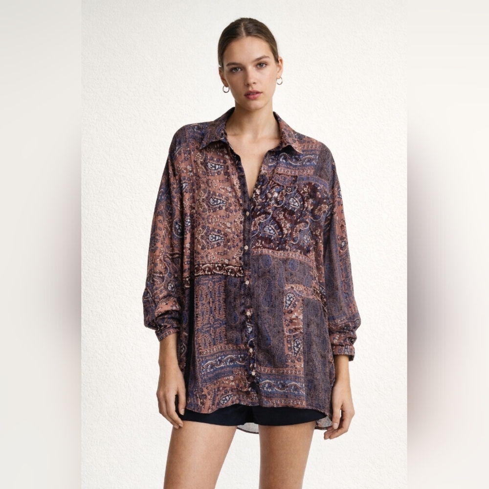 Zara Patchwork Paisley Print Shirt Oversized Bohemian-inspired Lightweight Sheer